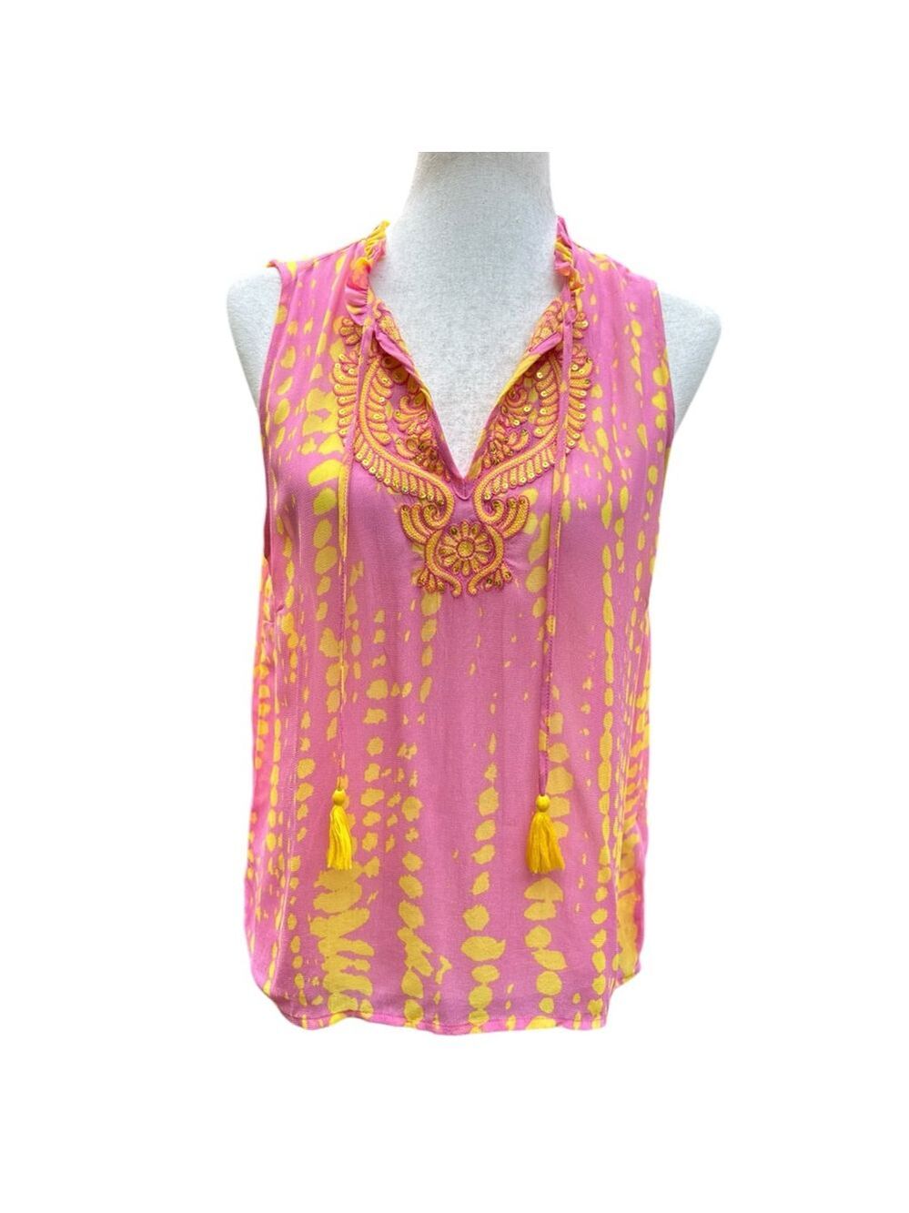 Vibrant Esqualo Boho Embroidered Tassel Top Shirt Yellow Sleeveless Festival 4